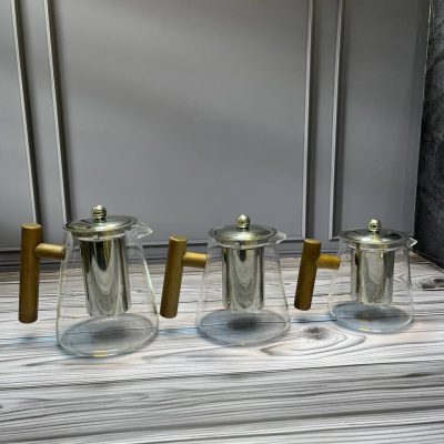 قوری پیرکس کف گرد دسته چوبی