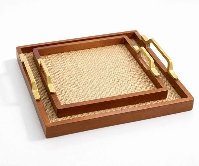 سینی پذیرایی چوبی مربع دسته استیل
